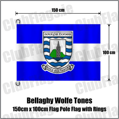 Bellaghy Wolfe Tones 150cm x 100cm Flag Pole Flag with Rings in blue and white, featuring the club crest on realistic fabric with gentle vertical folds; County Derry GAA. ClubFlags.ie.