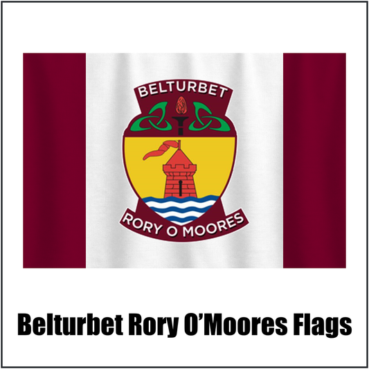 Belturbet Rory O’Moores Flags, featuring the club crest and maroon and white colours; County Cavan GAA. ClubFlags.ie.