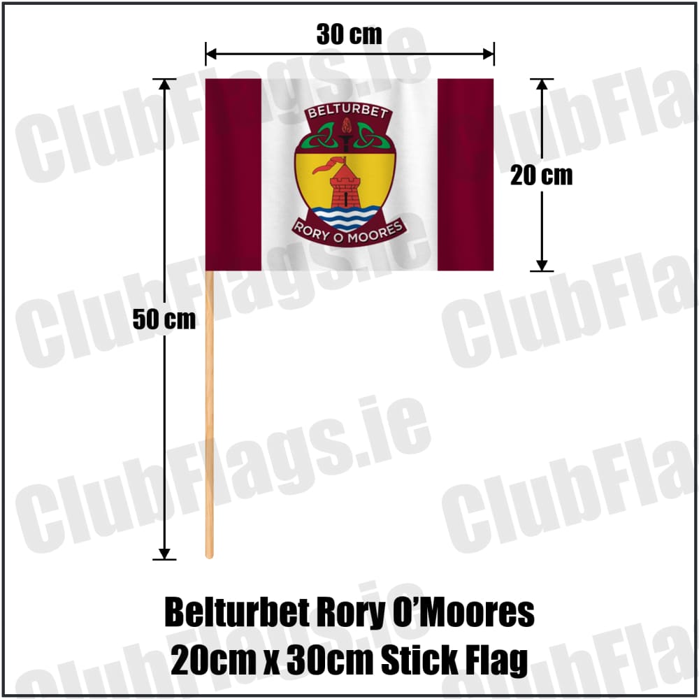 Belturbet Rory O’Moores 20cm x 30cm Stick Flag in maroon and white, featuring the club crest on realistic fabric with gentle vertical folds; County Cavan GAA. ClubFlags.ie.