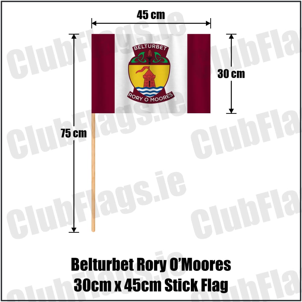 Belturbet Rory O’Moores 30cm x 45cm Stick Flag in maroon and white, featuring the club crest on realistic fabric with gentle vertical folds; County Cavan GAA. ClubFlags.ie.