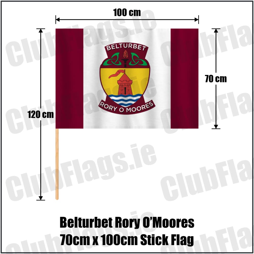 Belturbet Rory O’Moores 70cm x 100cm Stick Flag in maroon and white, featuring the club crest on realistic fabric with gentle vertical folds; County Cavan GAA. ClubFlags.ie.