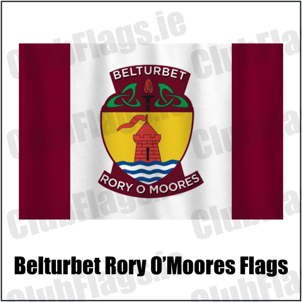 Belturbet Rory O’Moores Flags in maroon and white, featuring the club crest on realistic fabric with gentle vertical folds; County Cavan GAA. ClubFlags.ie.