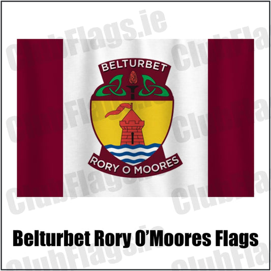 Belturbet Rory O’Moores Flags in maroon and white, featuring the club crest on realistic fabric with gentle vertical folds; County Cavan GAA. ClubFlags.ie.