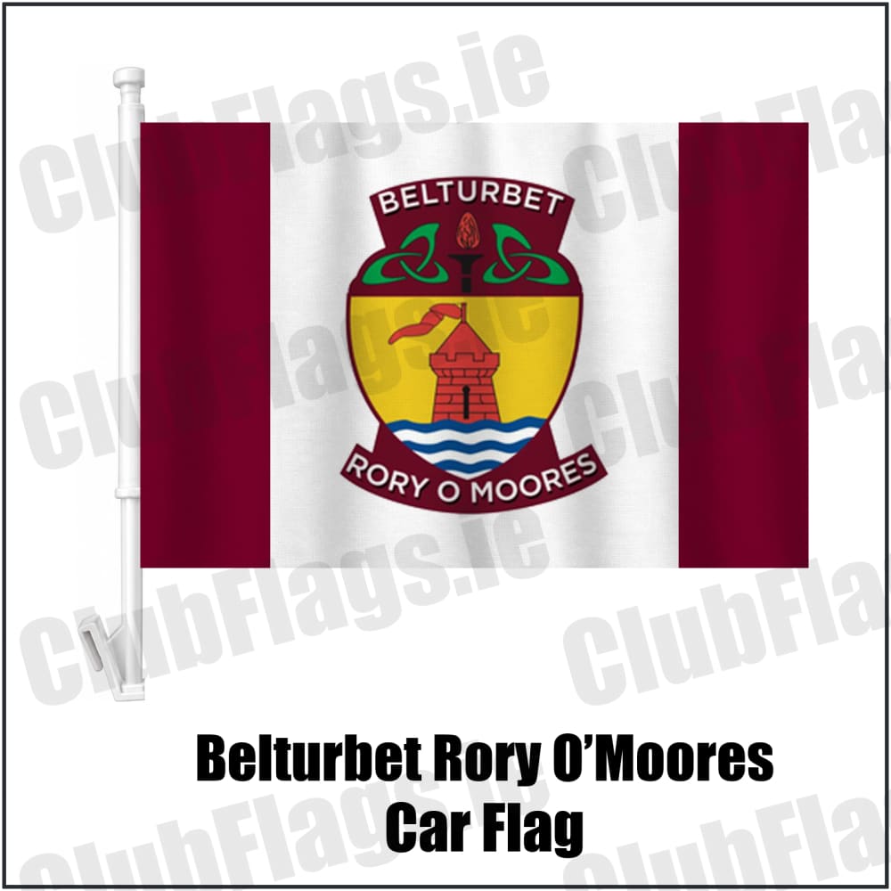 Belturbet Rory O’Moores Car Flag in maroon and white, featuring the club crest on realistic fabric with gentle vertical folds; County Cavan GAA. ClubFlags.ie.
