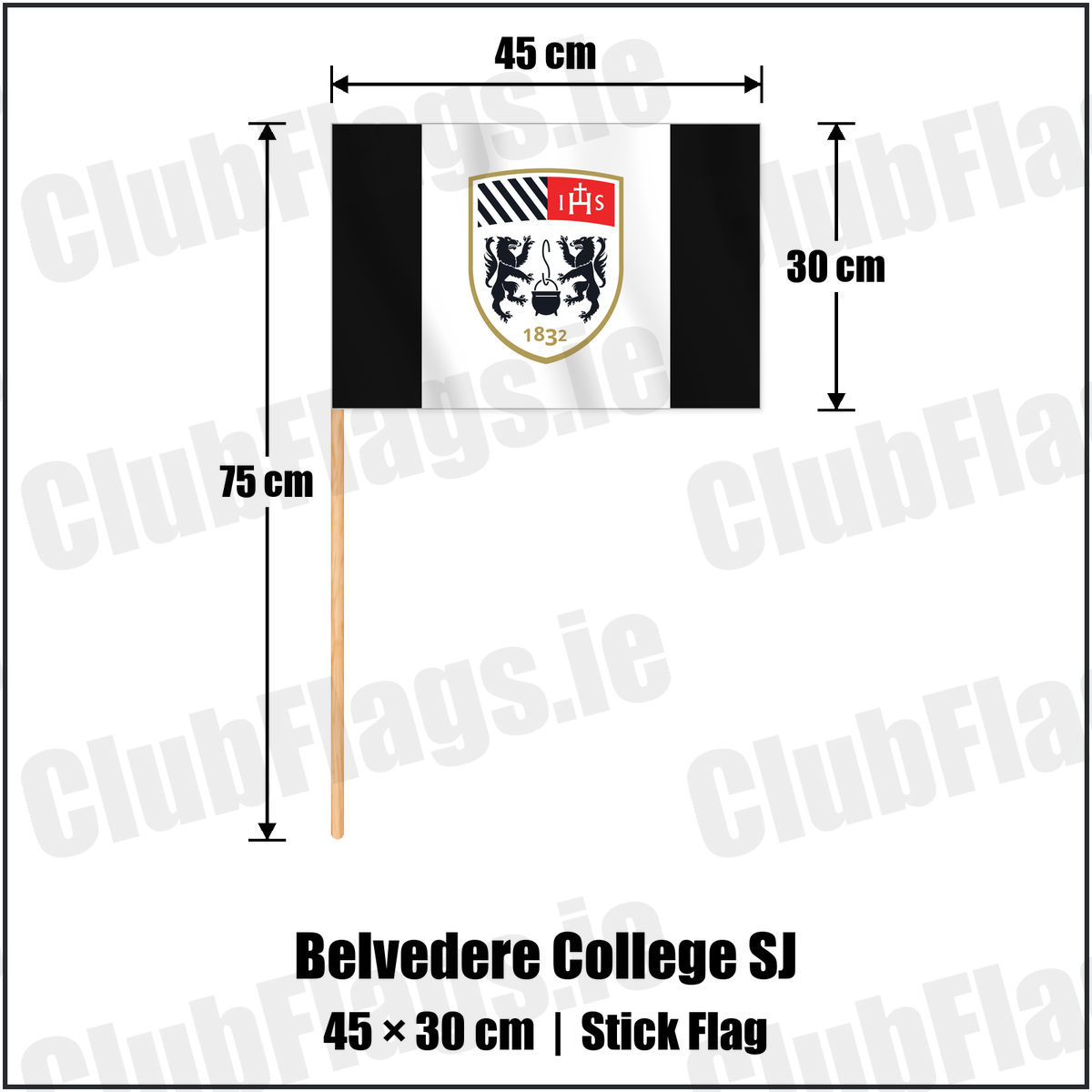 Belvedere College SJ 30cm x 45cm Stick Flag with the club crest and colours, Dublin Rugby - ClubFlags.ie