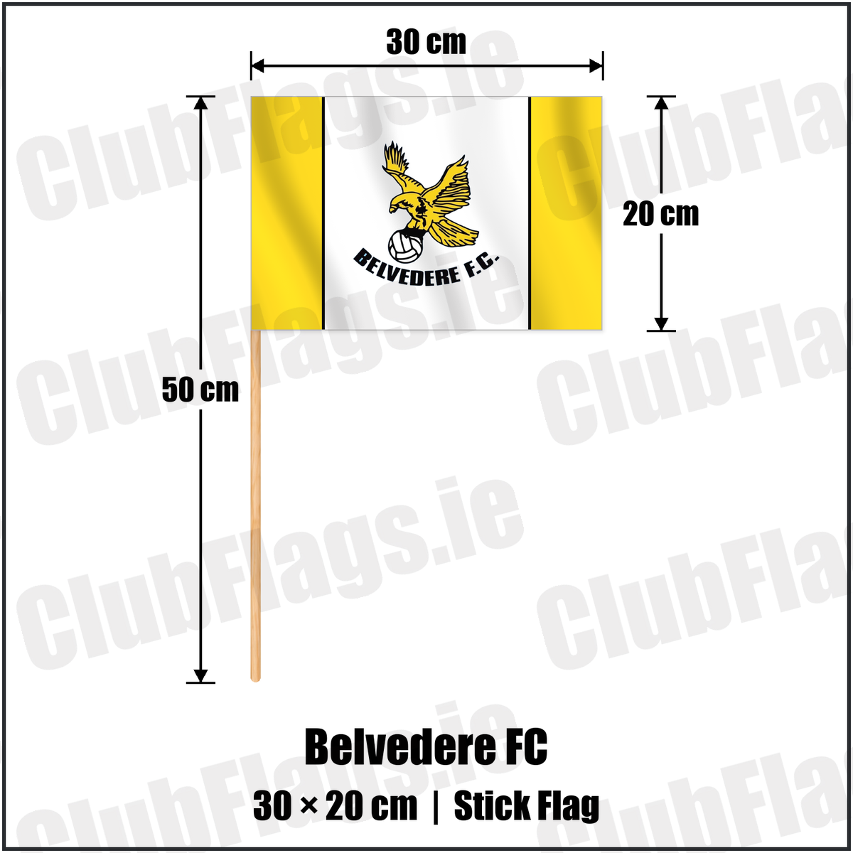Belvedere FC 20cm x 30cm Stick Flag with the club crest and colours, Dublin Football - ClubFlags.ie
