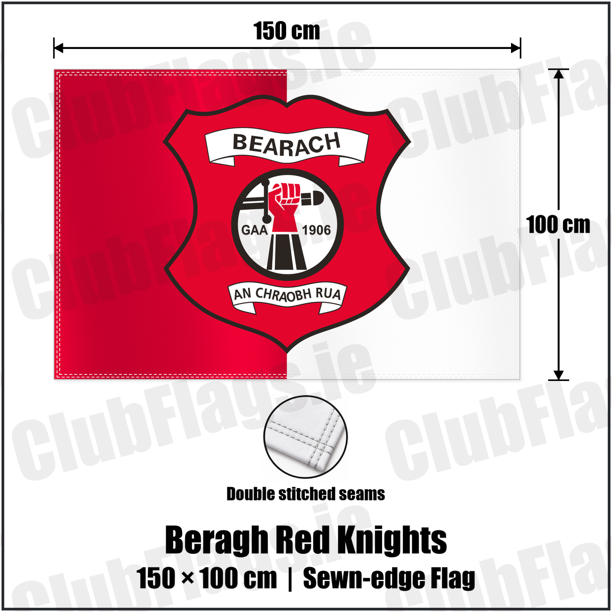 Beragh Red Knights 100cm x 150cm Flag (sewn on the edges) with the club crest and colours, Tyrone GAA - ClubFlags.ie