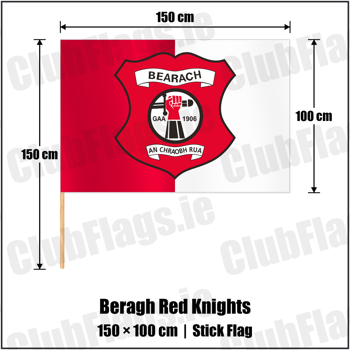 Beragh Red Knights 100cm x 150cm Stick Flag with the club crest and colours, Tyrone GAA - ClubFlags.ie