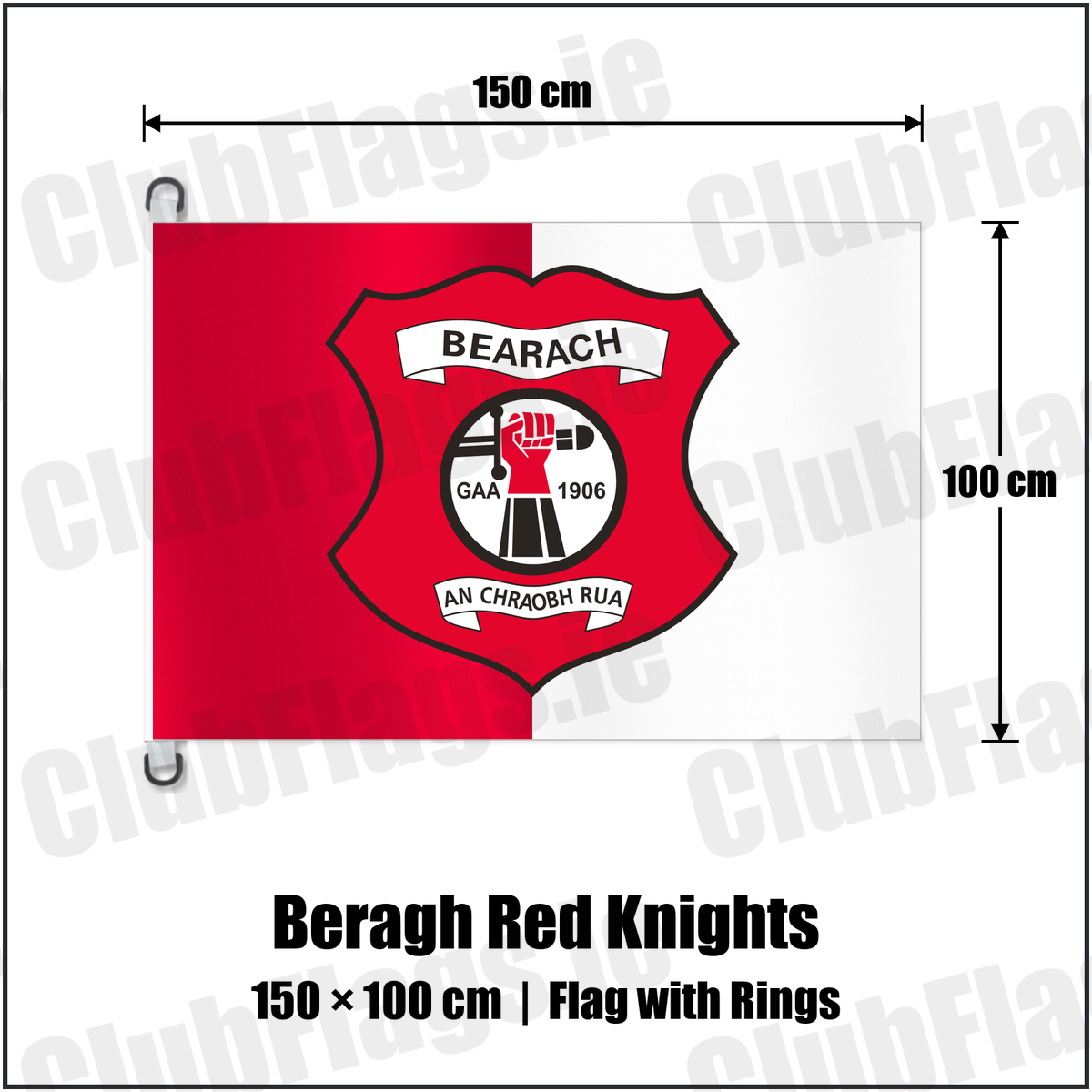 Beragh Red Knights 150cm x 100cm Flag Pole Flag with Rings with the club crest and colours, Tyrone GAA - ClubFlags.ie