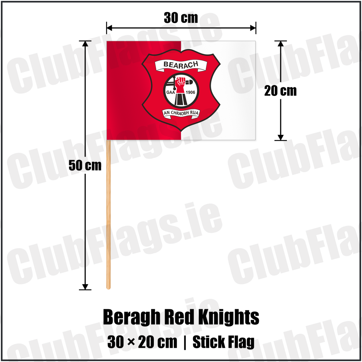 Beragh Red Knights 20cm x 30cm Stick Flag with the club crest and colours, Tyrone GAA - ClubFlags.ie