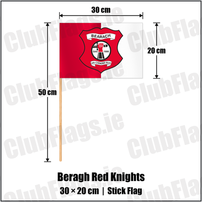 Beragh Red Knights 20cm x 30cm Stick Flag with the club crest and colours, Tyrone GAA - ClubFlags.ie