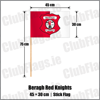 Beragh Red Knights 30cm x 45cm Stick Flag with the club crest and colours, Tyrone GAA - ClubFlags.ie