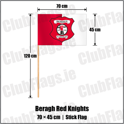 Beragh Red Knights 45cm x 70cm Stick Flag with the club crest and colours, Tyrone GAA - ClubFlags.ie
