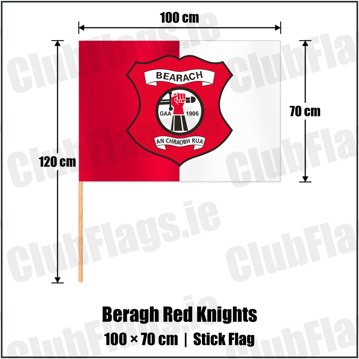 Beragh Red Knights 70cm x 100cm Stick Flag with the club crest and colours, Tyrone GAA - ClubFlags.ie