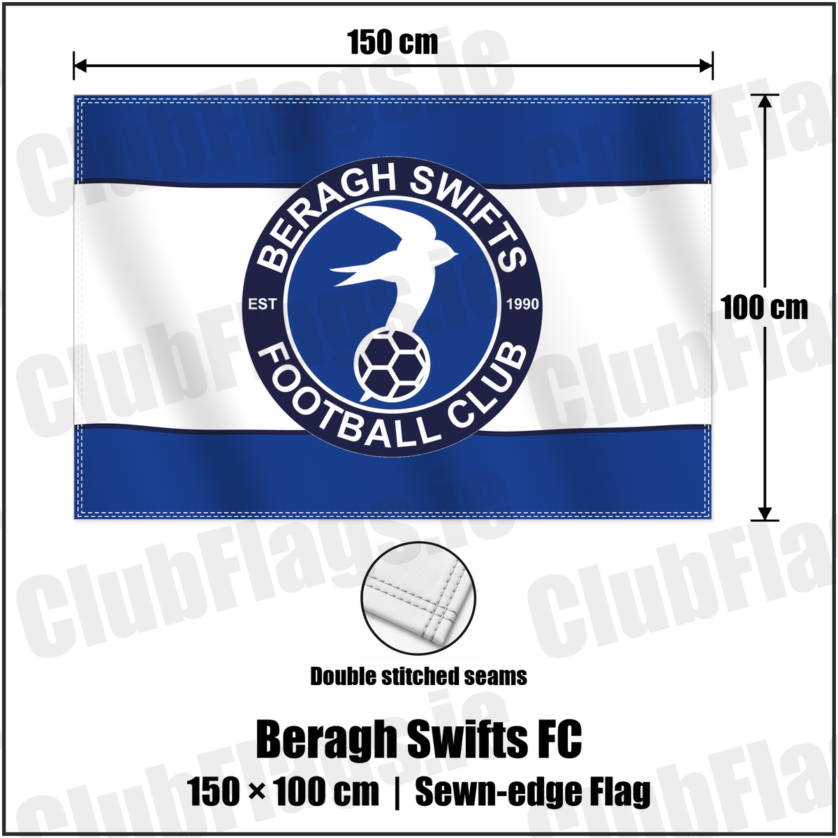 Beragh Swifts FC 100cm x 150cm Flag (sewn on the edges) with the club crest and colours, Tyrone Football - ClubFlags.ie