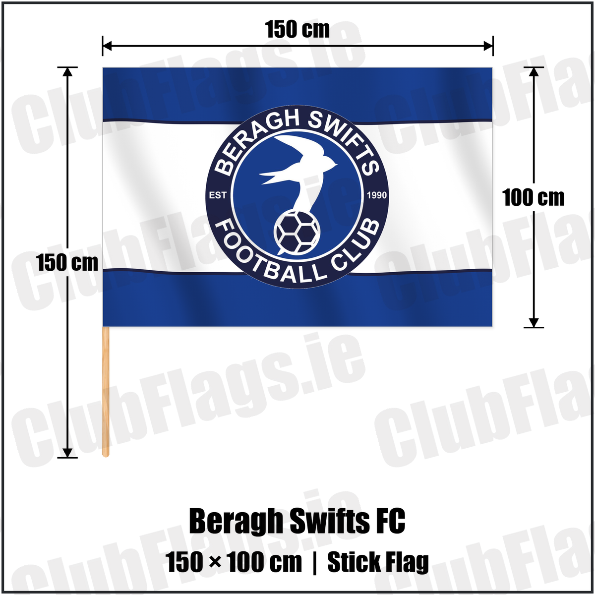 Beragh Swifts FC 100cm x 150cm Stick Flag with the club crest and colours, Tyrone Football - ClubFlags.ie