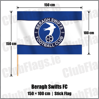 Beragh Swifts FC 100cm x 150cm Stick Flag with the club crest and colours, Tyrone Football - ClubFlags.ie