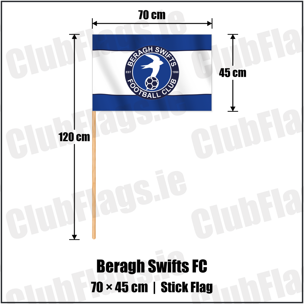 Beragh Swifts FC 45cm x 70cm Stick Flag with the club crest and colours, Tyrone Football - ClubFlags.ie