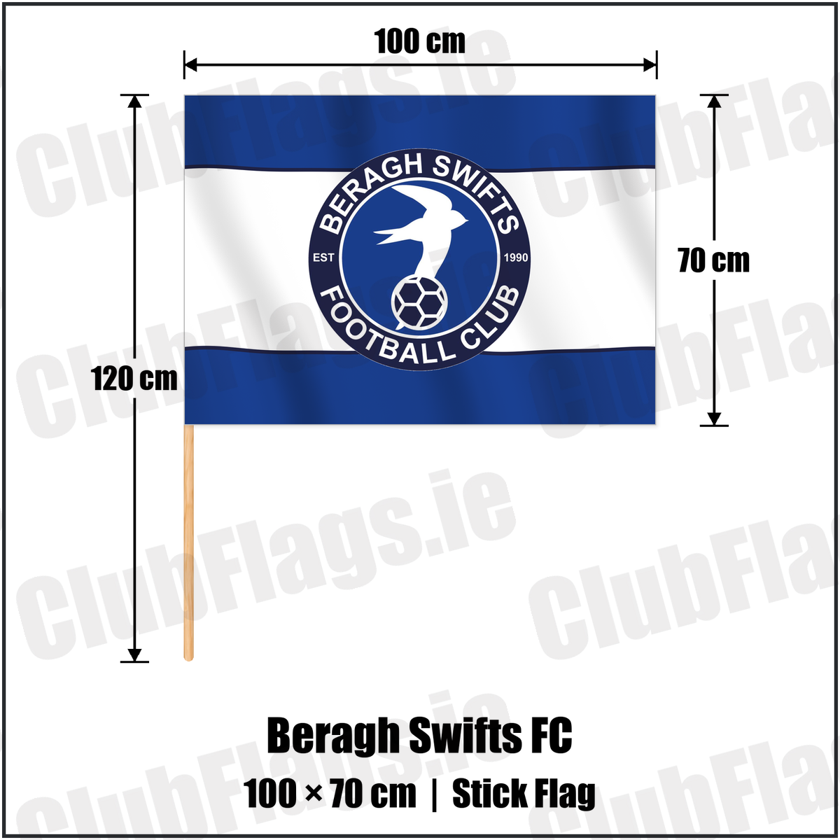Beragh Swifts FC 70cm x 100cm Stick Flag with the club crest and colours, Tyrone Football - ClubFlags.ie