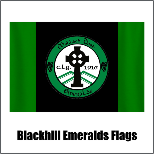 Blackhill Emeralds Flags, featuring the club crest and black and green colours; County Monaghan GAA. ClubFlags.ie.