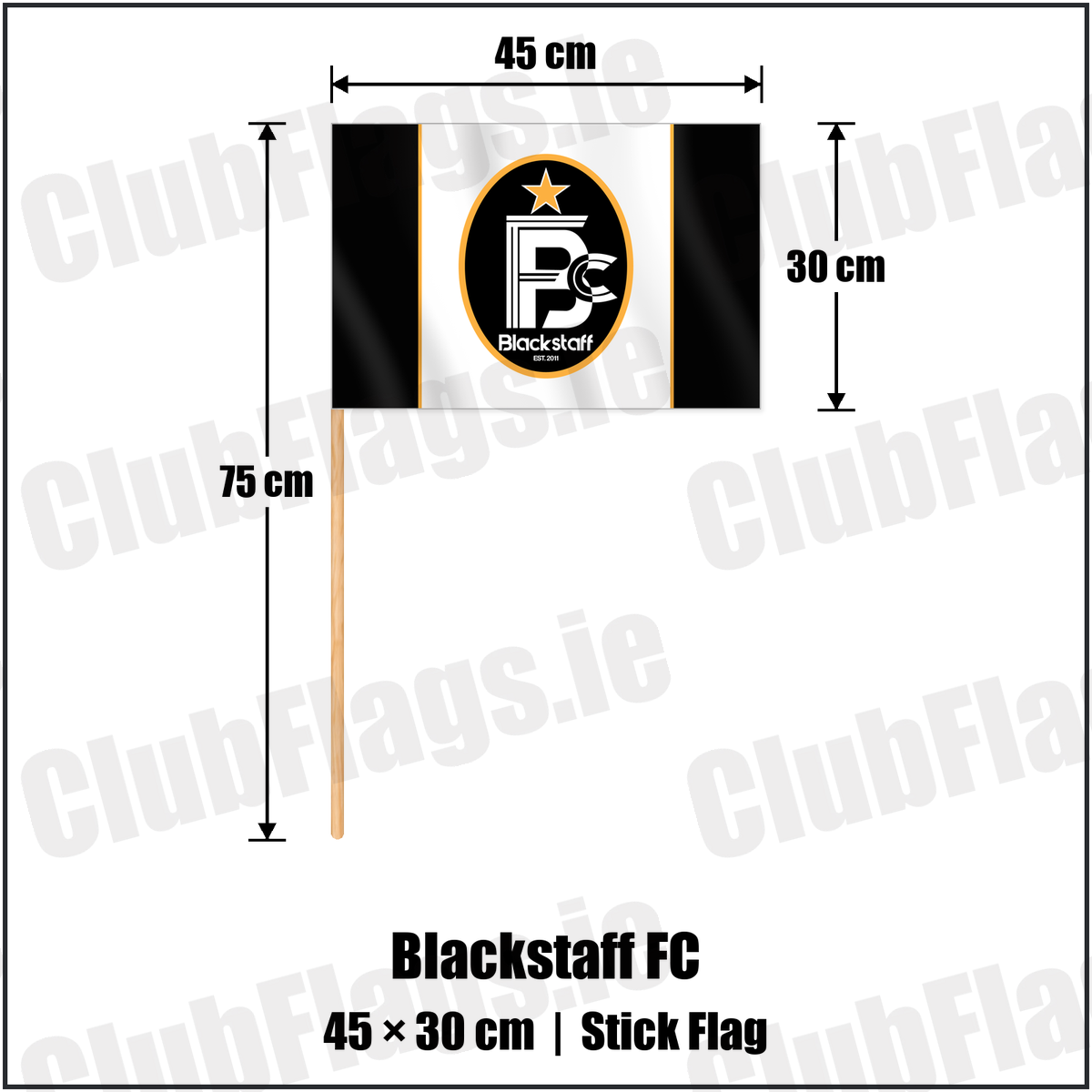 Blackstaff FC 30cm x 45cm Stick Flag with the club crest and colours, Antrim Football - ClubFlags.ie