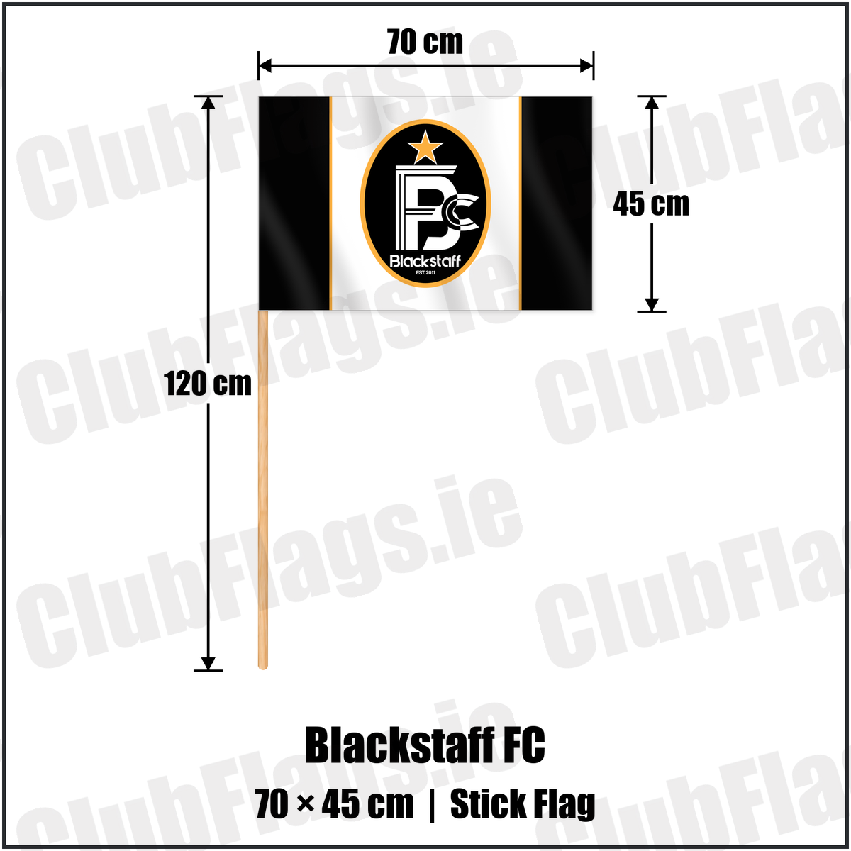 Blackstaff FC 45cm x 70cm Stick Flag with the club crest and colours, Antrim Football - ClubFlags.ie