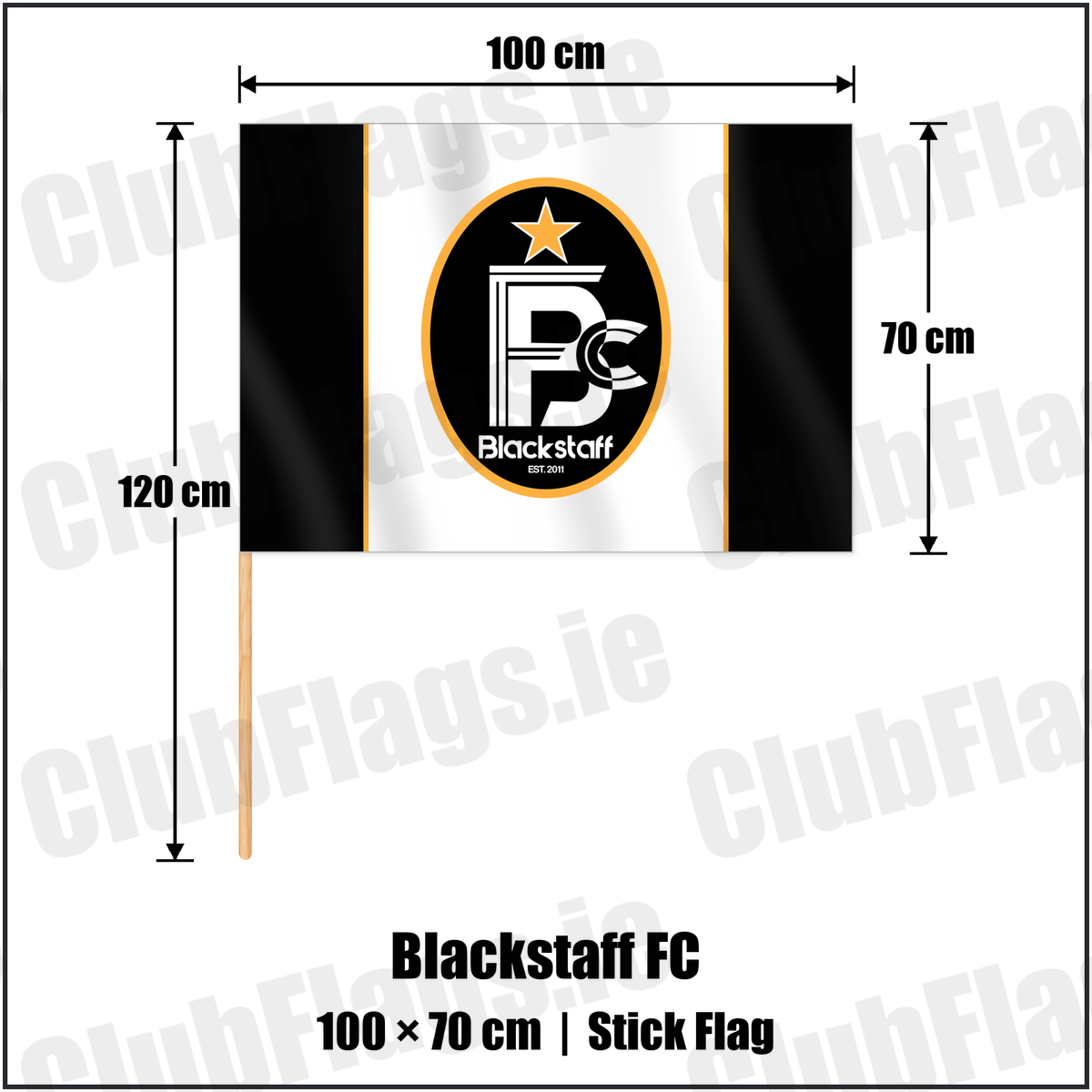 Blackstaff FC 70cm x 100cm Stick Flag with the club crest and colours, Antrim Football - ClubFlags.ie