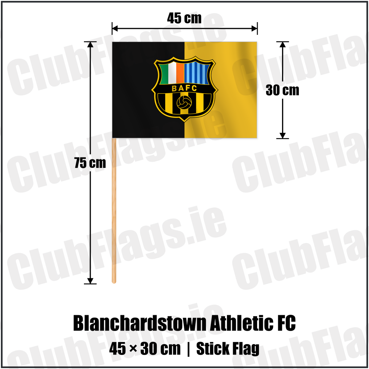 Blanchardstown Athletic FC 30cm x 45cm Stick Flag with the verified club crest and colours, Dublin Football - ClubFlags.ie