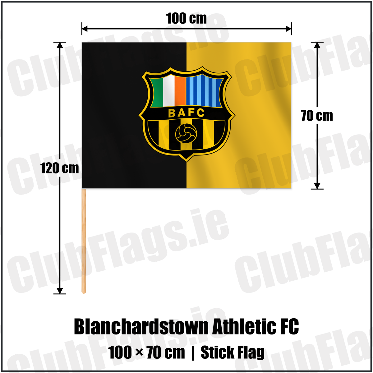 Blanchardstown Athletic FC 70cm x 100cm Stick Flag with the verified club crest and colours, Dublin Football - ClubFlags.ie
