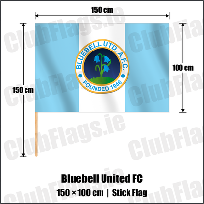 Bluebell United FC 100cm x 150cm Stick Flag with the verified club crest and colours, Dublin Football - ClubFlags.ie