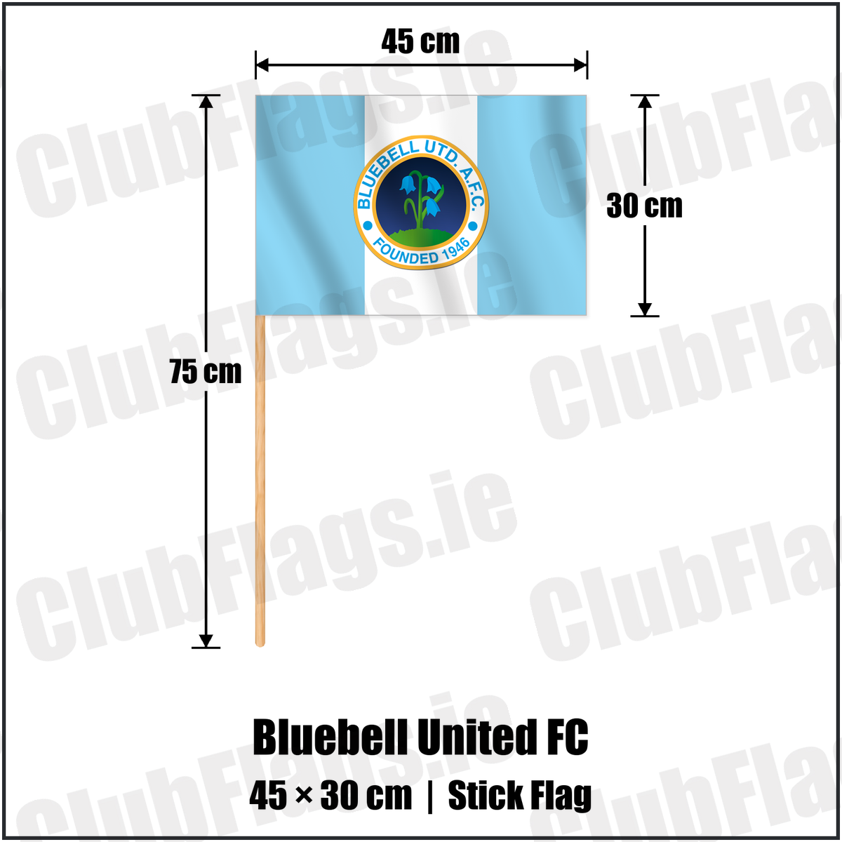 Bluebell United FC 30cm x 45cm Stick Flag with the verified club crest and colours, Dublin Football - ClubFlags.ie