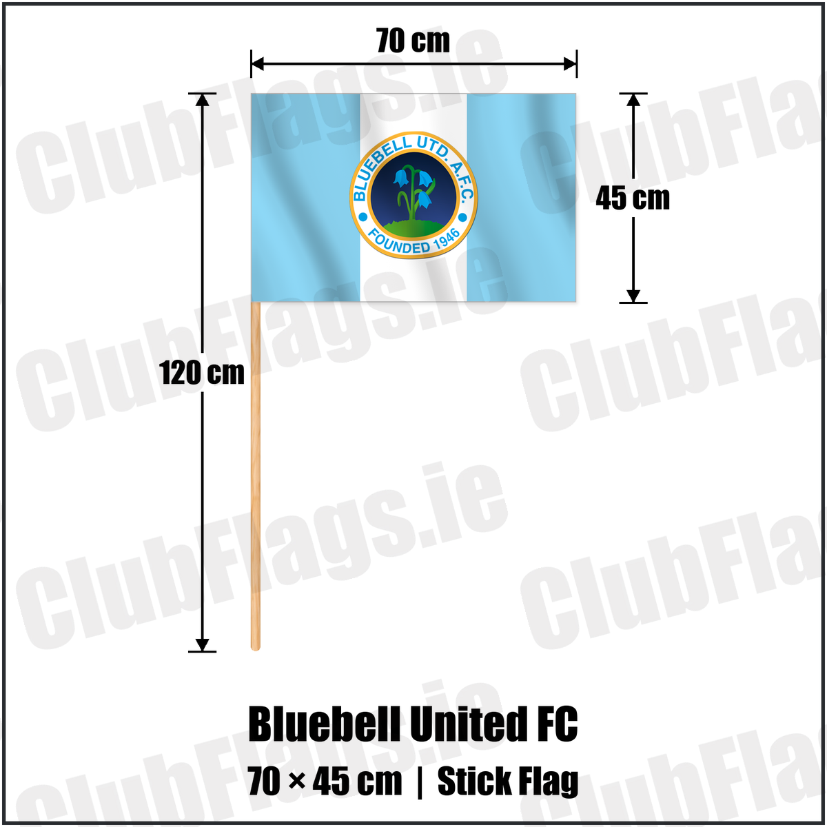Bluebell United FC 45cm x 70cm Stick Flag with the verified club crest and colours, Dublin Football - ClubFlags.ie