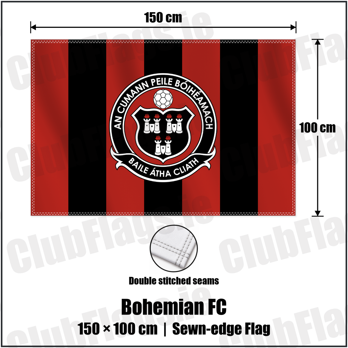 Bohemian FC 100cm x 150cm Flag (sewn on the edges) with the club crest and colours, Dublin Football - ClubFlags.ie