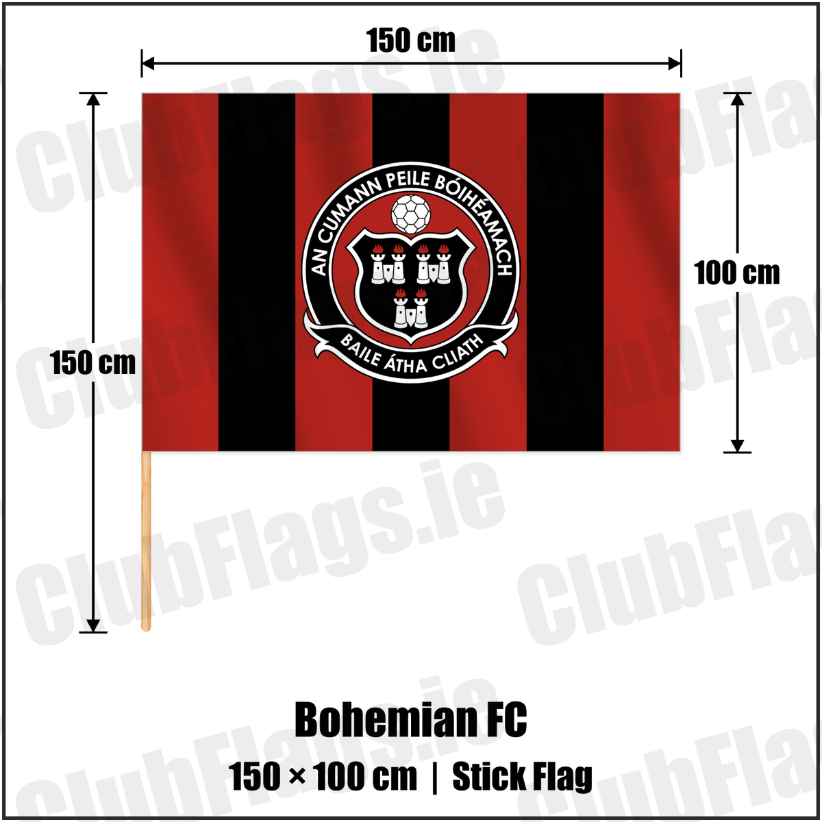 Bohemian FC 100cm x 150cm Stick Flag with the club crest and colours, Dublin Football - ClubFlags.ie