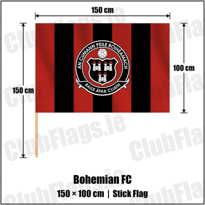 Bohemian FC 100cm x 150cm Stick Flag with the club crest and colours, Dublin Football - ClubFlags.ie