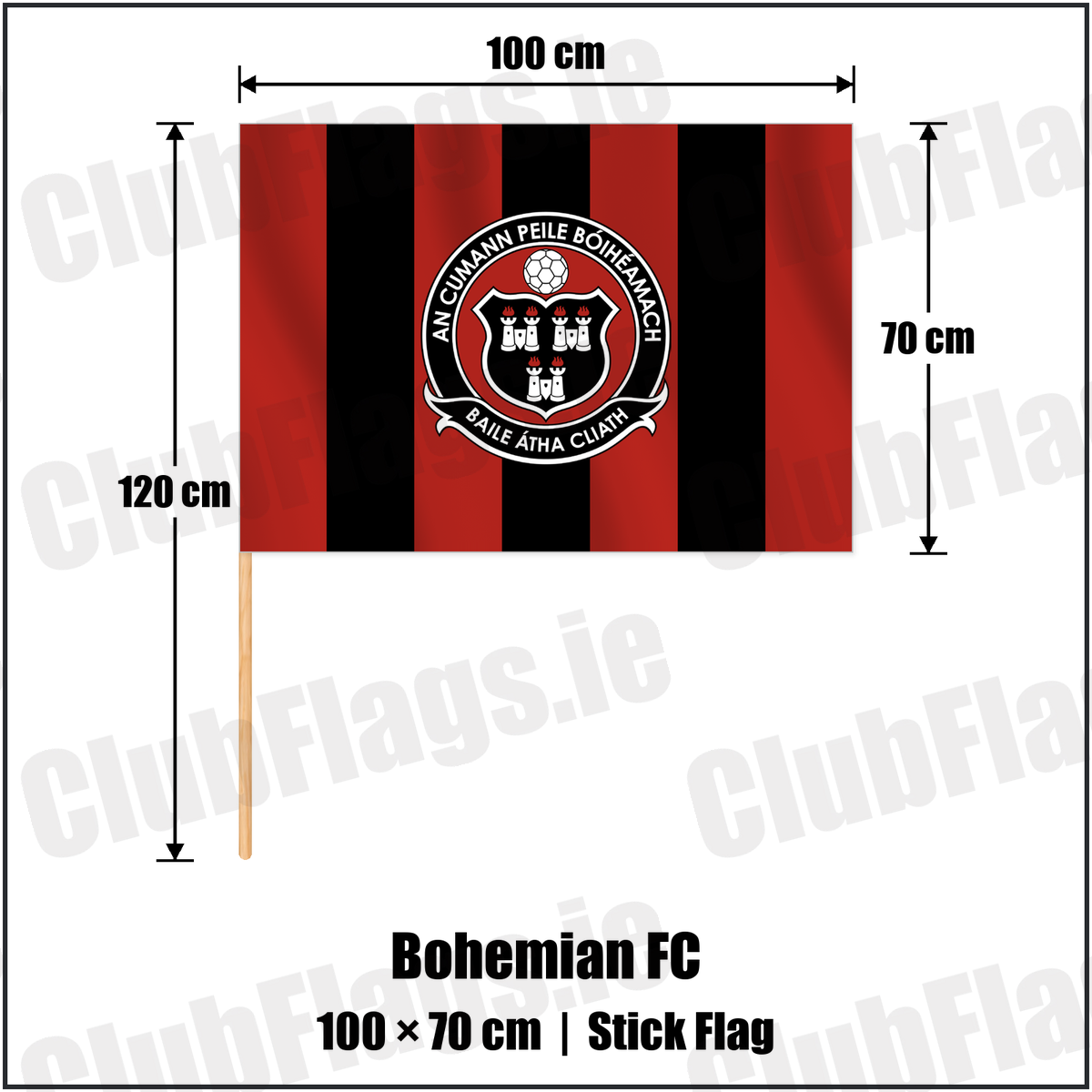 Bohemian FC 70cm x 100cm Stick Flag with the club crest and colours, Dublin Football - ClubFlags.ie