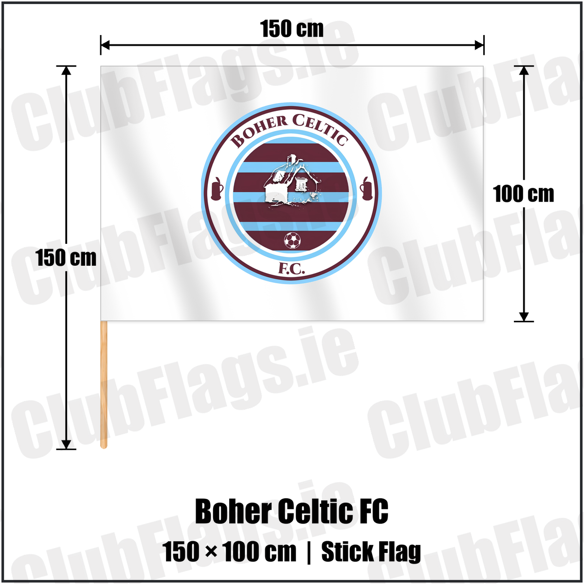 Boher Celtic FC 100cm x 150cm Stick Flag with the club crest and colours, Cork Football - ClubFlags.ie