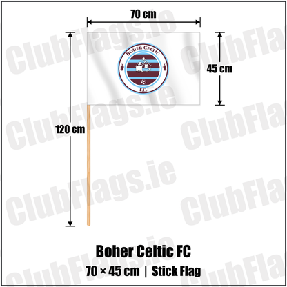 Boher Celtic FC 45cm x 70cm Stick Flag with the club crest and colours, Cork Football - ClubFlags.ie