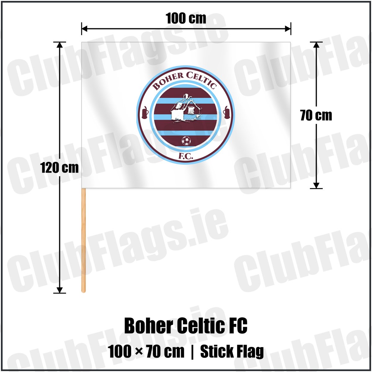 Boher Celtic FC 70cm x 100cm Stick Flag with the club crest and colours, Cork Football - ClubFlags.ie