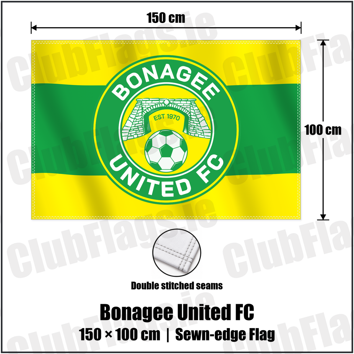 Bonagee United FC 100cm x 150cm Flag (sewn on the edges) with the club crest and colours, Donegal Football - ClubFlags.ie