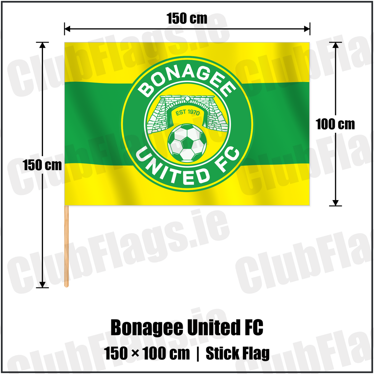Bonagee United FC 100cm x 150cm Stick Flag with the club crest and colours, Donegal Football - ClubFlags.ie