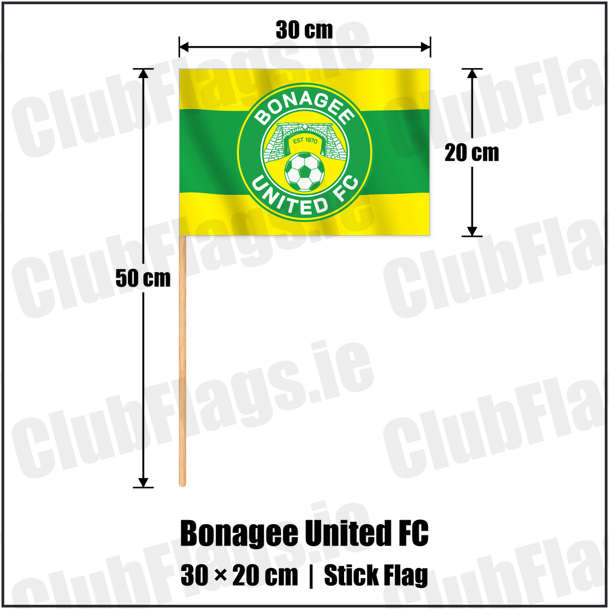Bonagee United FC 20cm x 30cm Stick Flag with the club crest and colours, Donegal Football - ClubFlags.ie