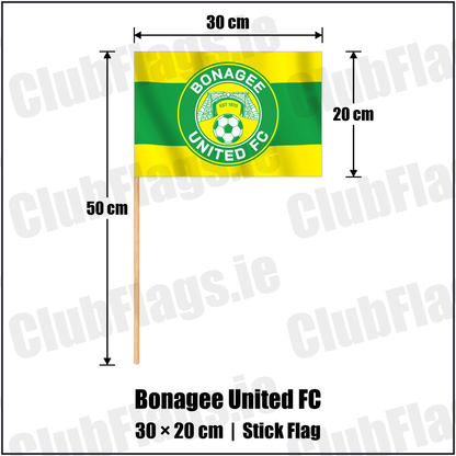 Bonagee United FC 20cm x 30cm Stick Flag with the club crest and colours, Donegal Football - ClubFlags.ie