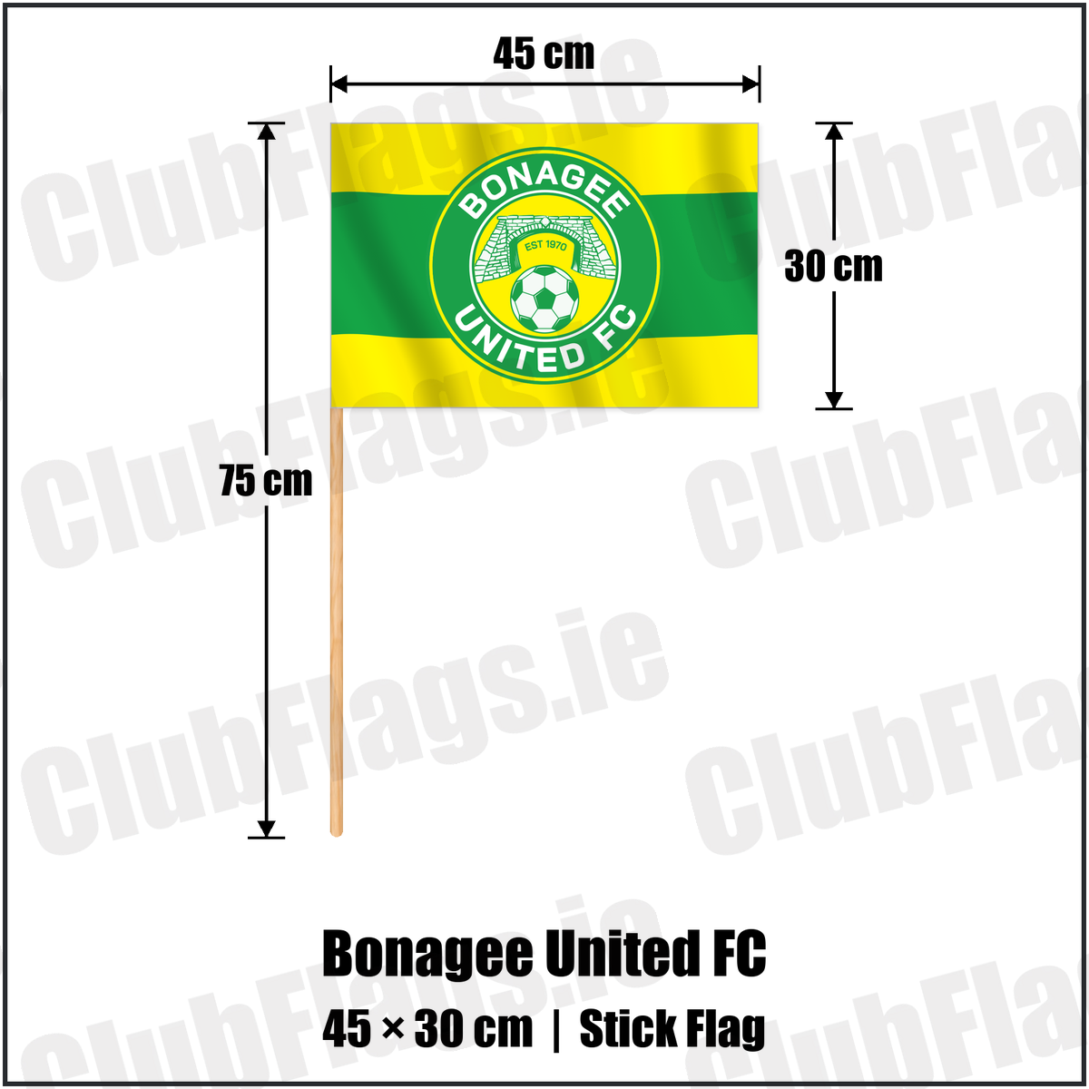 Bonagee United FC 30cm x 45cm Stick Flag with the club crest and colours, Donegal Football - ClubFlags.ie