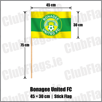 Bonagee United FC 30cm x 45cm Stick Flag with the club crest and colours, Donegal Football - ClubFlags.ie