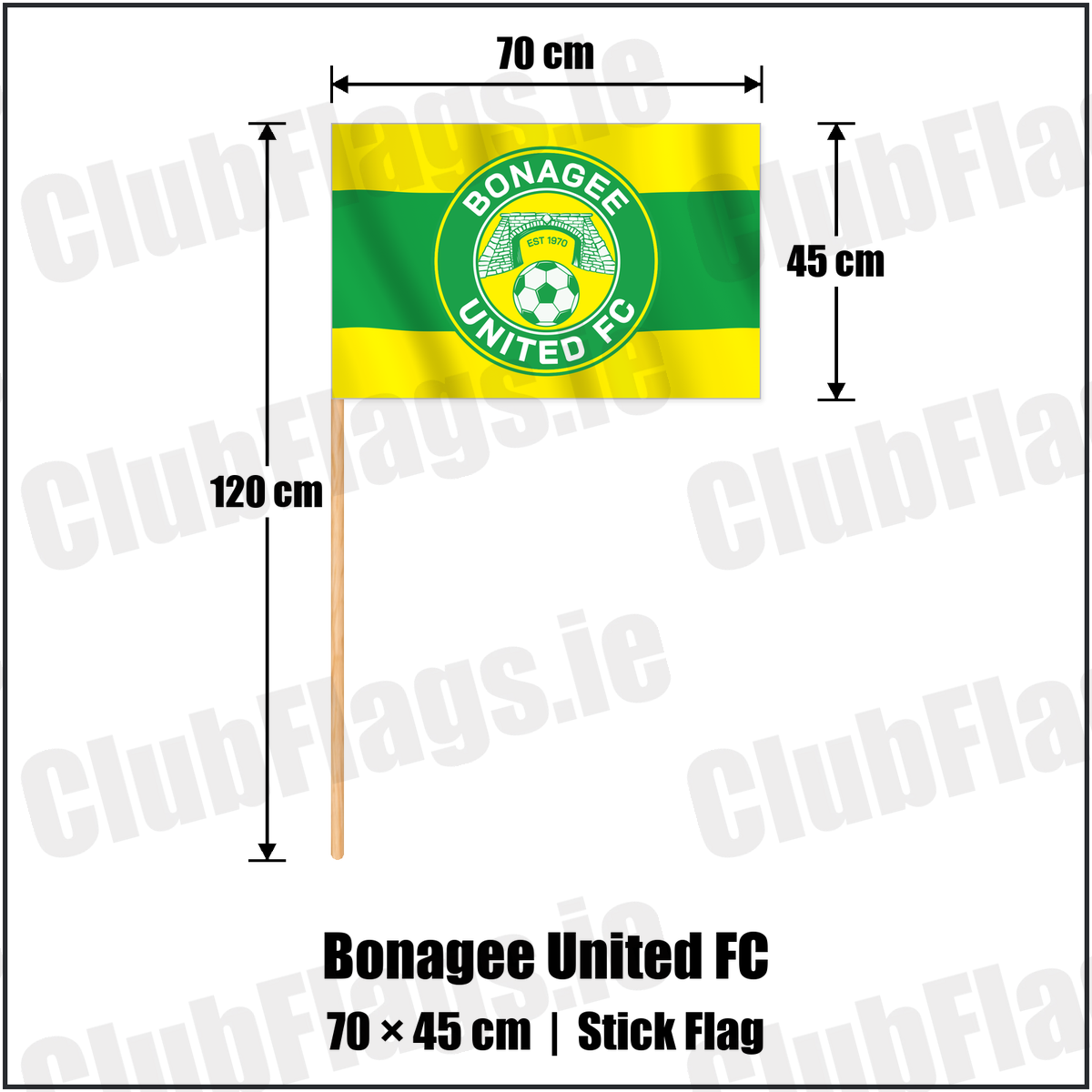 Bonagee United FC 45cm x 70cm Stick Flag with the club crest and colours, Donegal Football - ClubFlags.ie