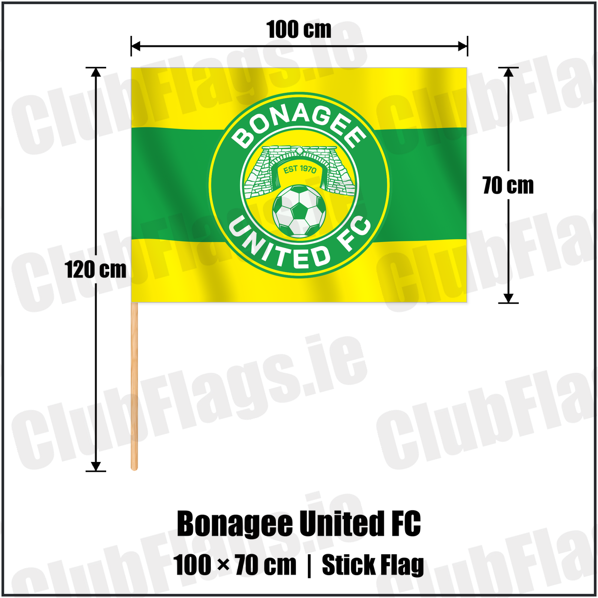 Bonagee United FC 70cm x 100cm Stick Flag with the club crest and colours, Donegal Football - ClubFlags.ie