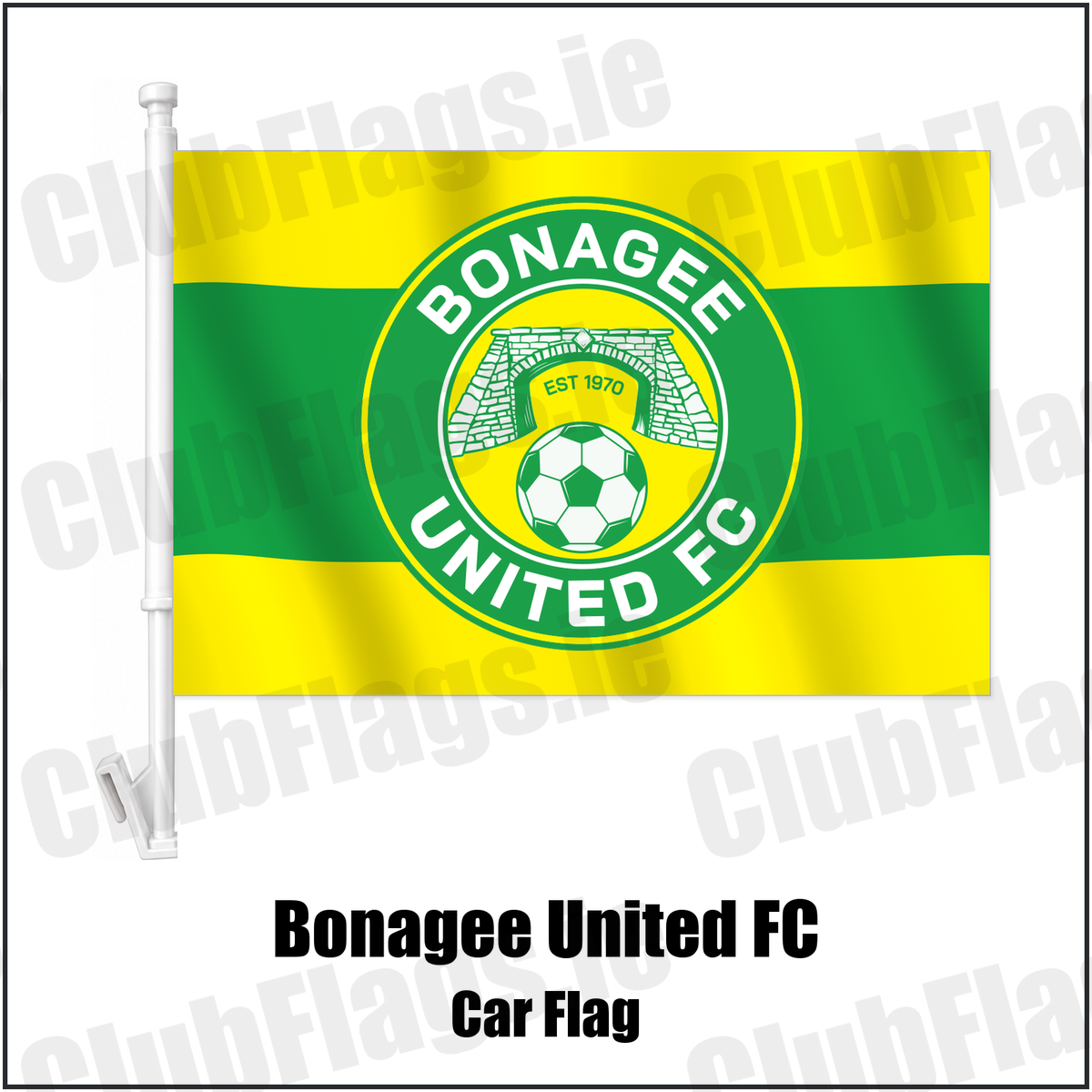 Bonagee United FC Car Flag with the club crest and colours, Donegal Football - ClubFlags.ie