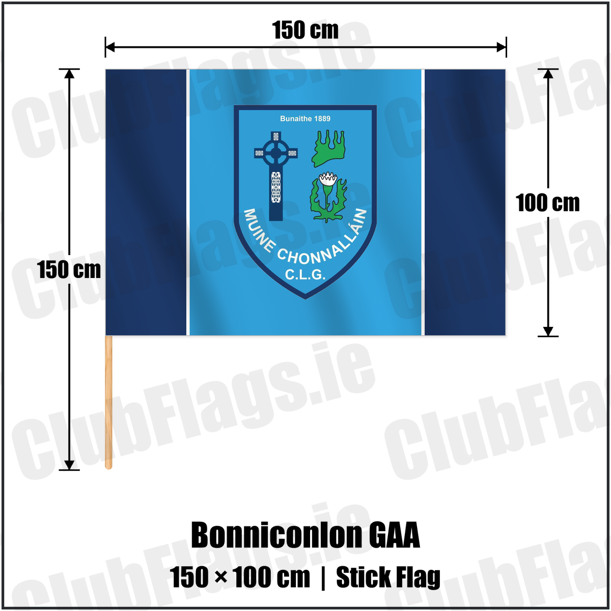 Bonniconlon GAA 100cm x 150cm Stick Flag with the verified club crest and colours, Mayo GAA - ClubFlags.ie