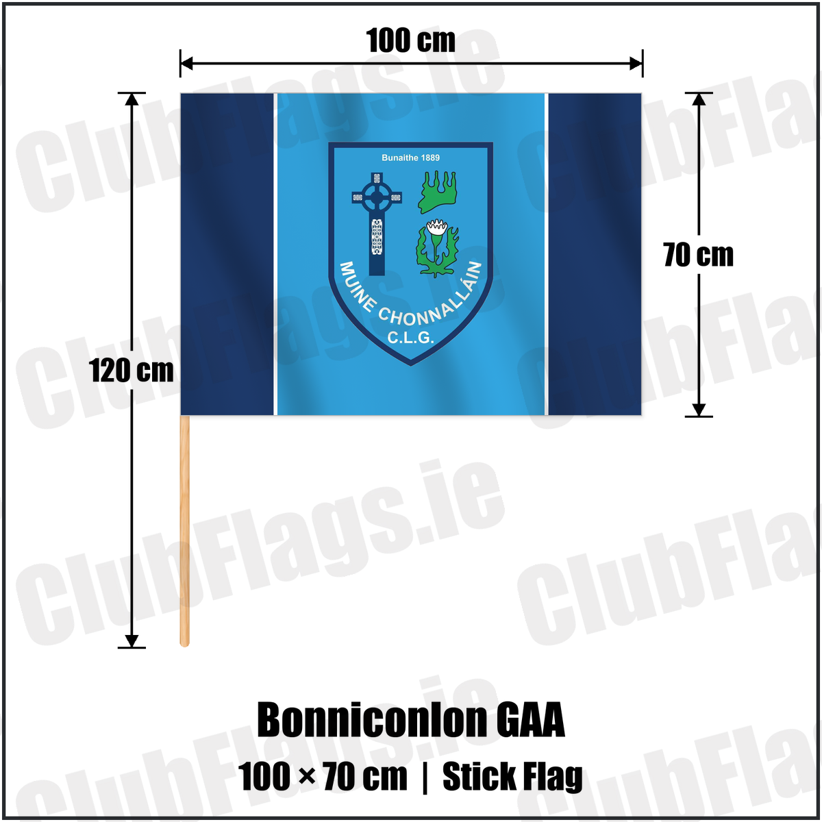 Bonniconlon GAA 70cm x 100cm Stick Flag with the verified club crest and colours, Mayo GAA - ClubFlags.ie